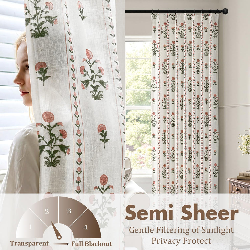 Floral Pinch Pleated Linen Curtains for Living Room Bedroom Dining Room Farmhouse, Light Filtering Memory Trained