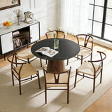 Faux Marble Round Dining Table for 4/5/6, 42" Modern Round Kitchen Table with Black Sintered Stone Top and Walnut