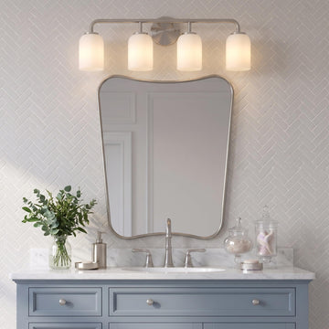 Brushed Nickel Asymmetrical Wall Mirror, 24x32 Inch Bathroom Vanity Mirror, Butterfly Shaped Designer Mirror Ideal