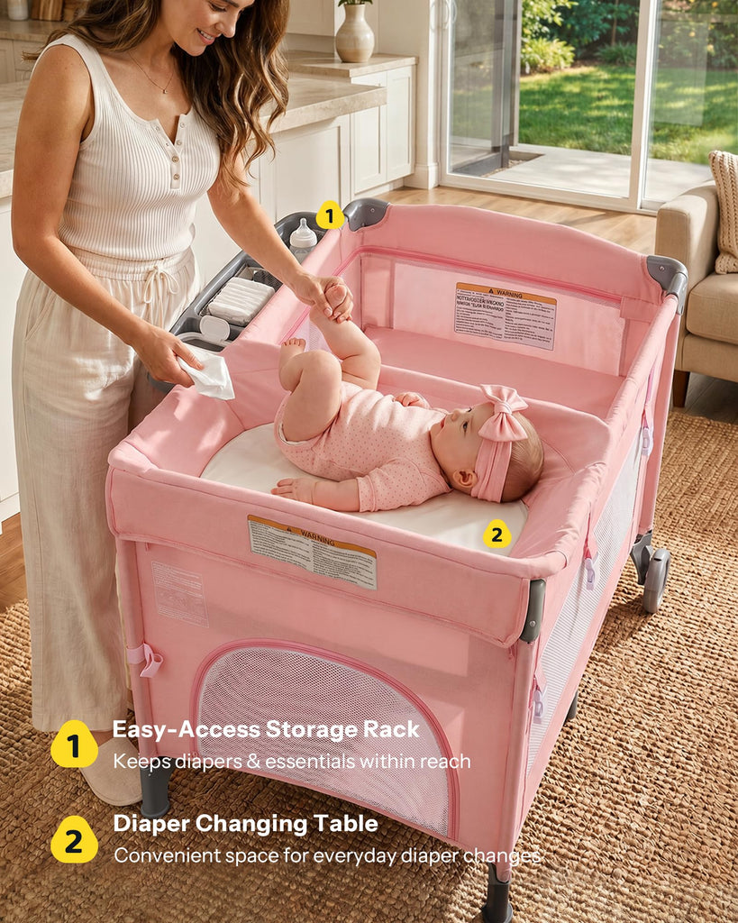 6 in 1 Play Yard with Bedside Bassinet, Foldable Playard