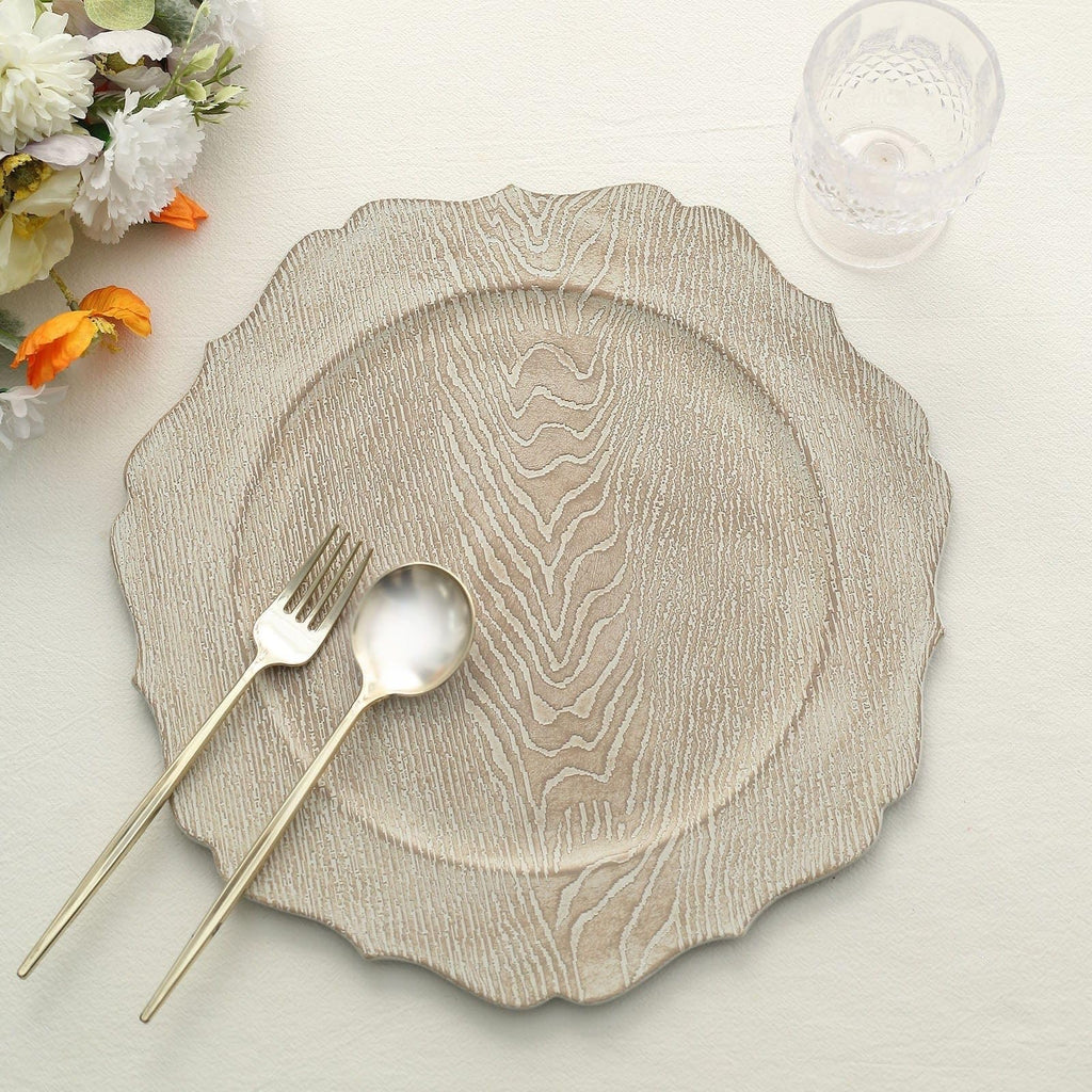 Rustic White 13 in Wooden Round Acrylic Charger Plates | 13-Inch Scalloped Trim Dinnerware Set for Holiday Parties