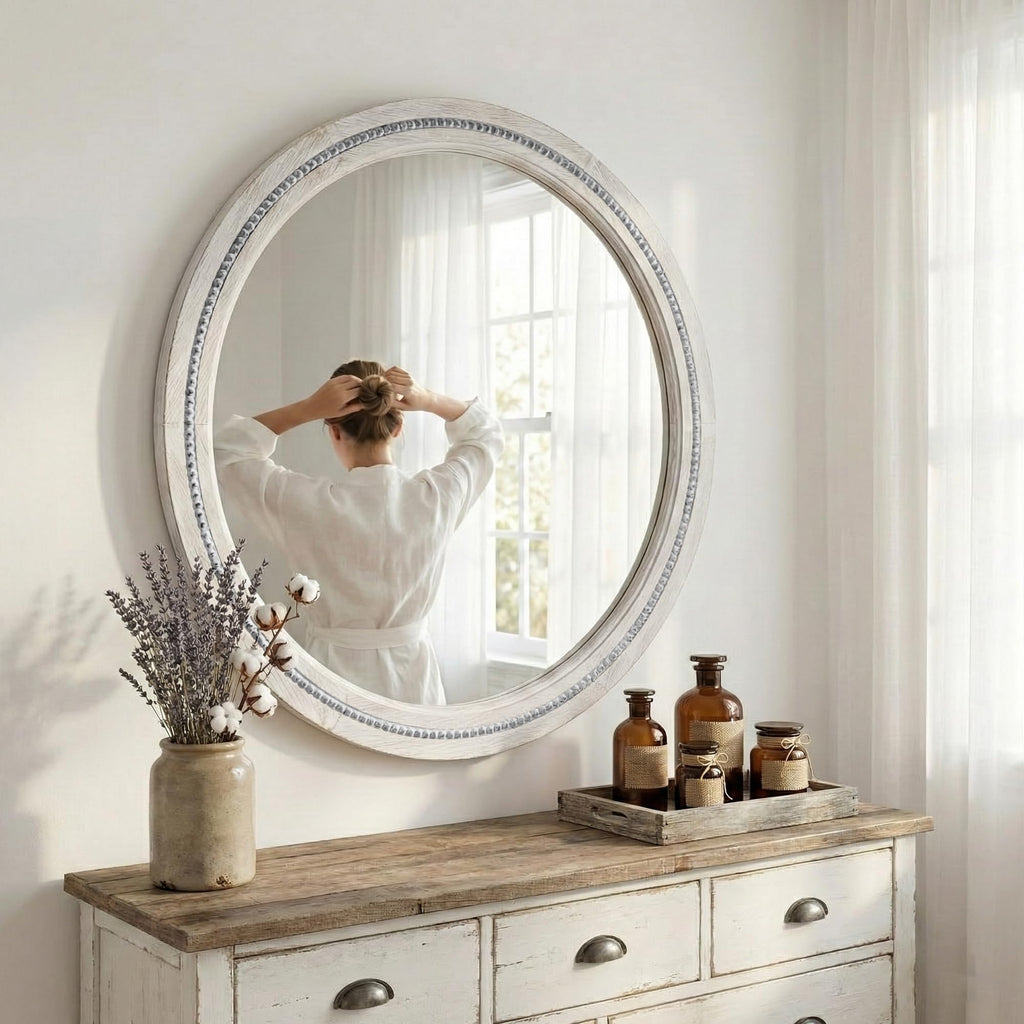 Solid Wood 30 Inch Round Beaded Bathroom Mirror, Distressed White