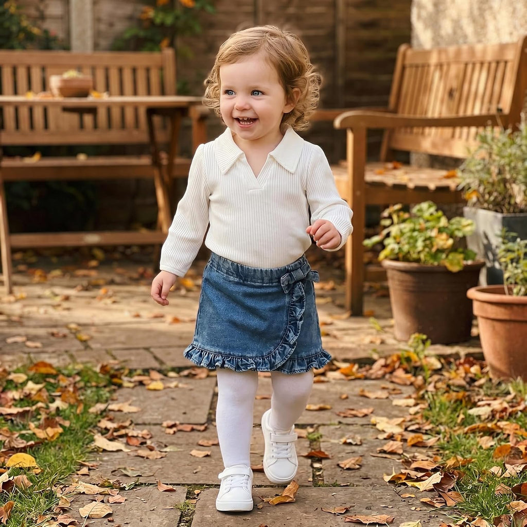 Toddler Baby Girl Fall Outfits Long Sleeve Lapel Collar Ribbed Shirt Tops Ruffle Jean Skirt Set Cute Clothes