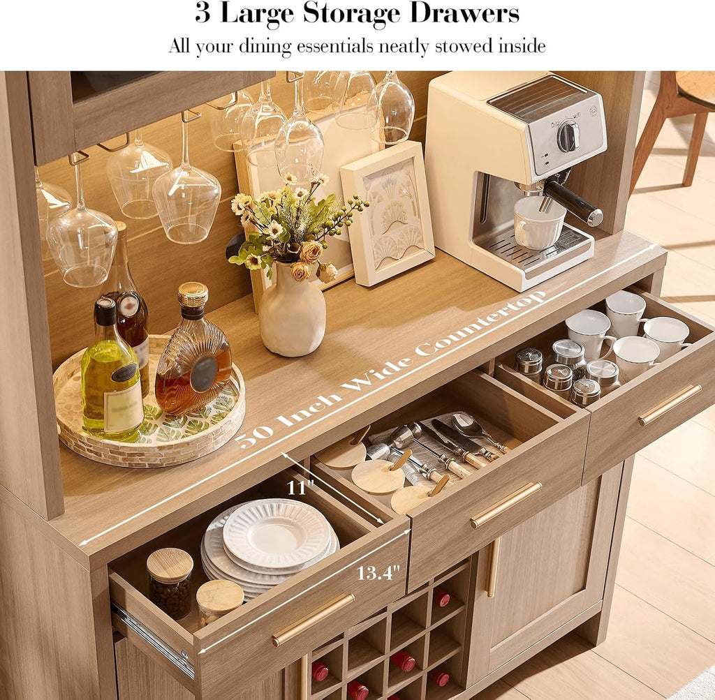 77" Tall Pantry Cabinet & Coffee Bar Cabinet with Storage,Gray Oak | Wine Cabinet Home with LED Lighting & Charging