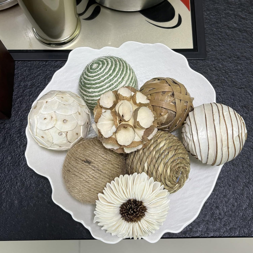 Decorative Balls Decor,2.36 Inch Woven Wicker Rattan Balls Twig Orbs Cotton Linen Decorative Ball for Vase - Set of 8