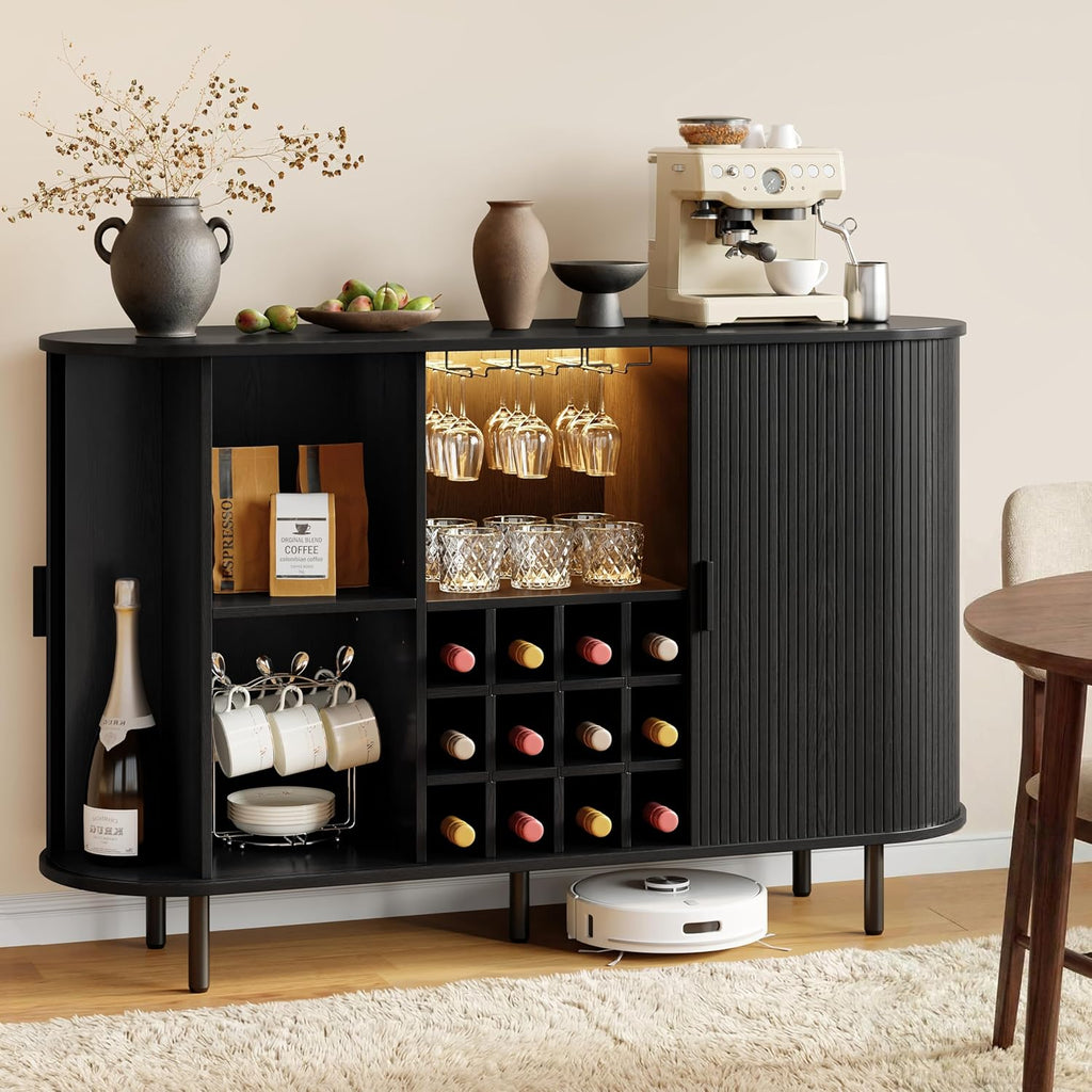 55" Wine Bar Cabinet with LED Light & Power Outlet, Black | Modern Flute Liquor Coffee Station with Wine Rack, Glass