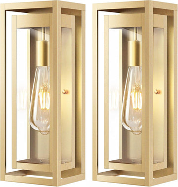 15" Large Gold Outdoor Light Fixture Wall Mount, 2 Pack Waterproof Outdoor Sconces, Modern Wall Lights with Clear Glass Shade for Front Door, Porch, Garage A123-B0D9VRR7RN