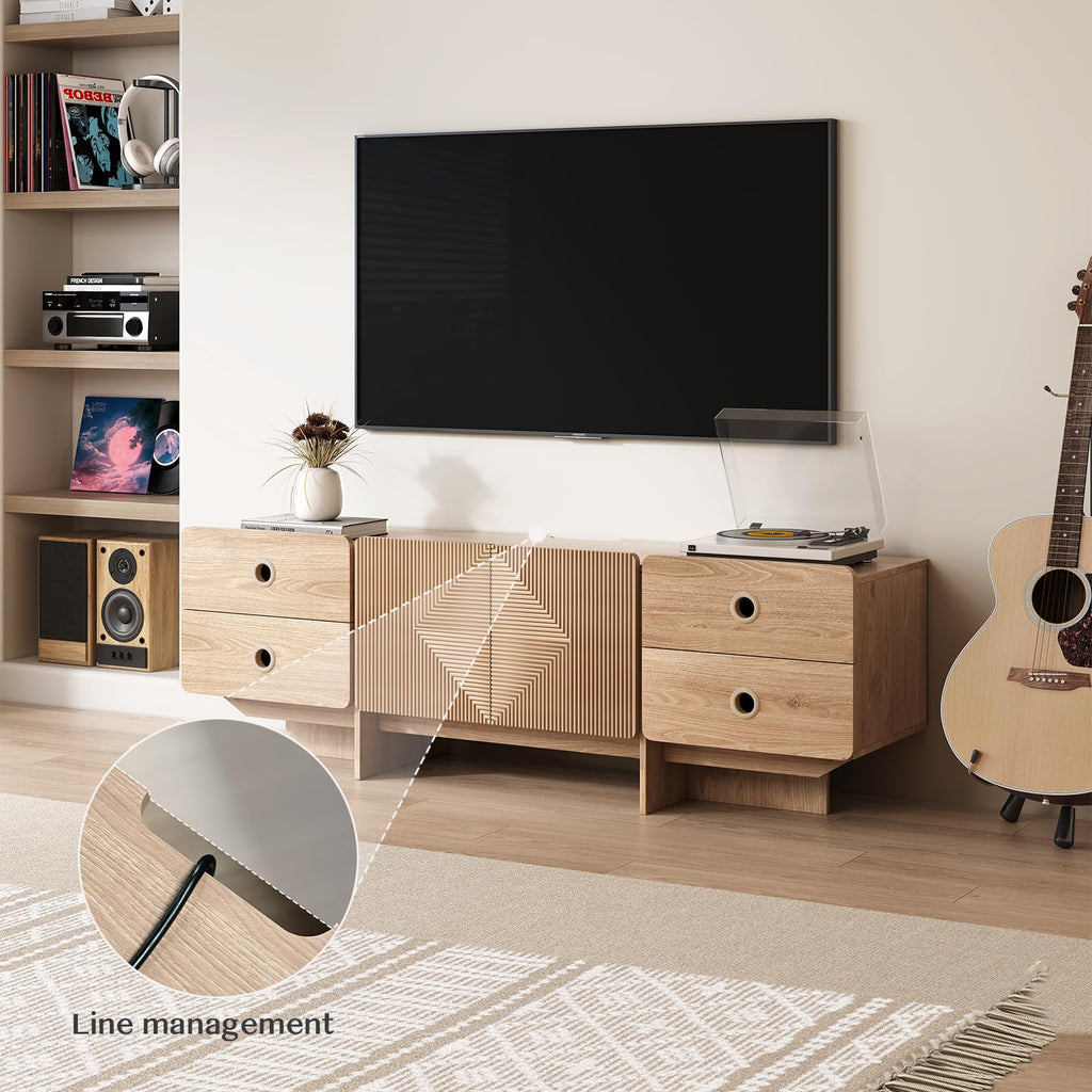 66" Fluted TV Stand, Boho TV Consoles, Modern Entertainment Center with Storage, Media Console Cabinet for 75 inch