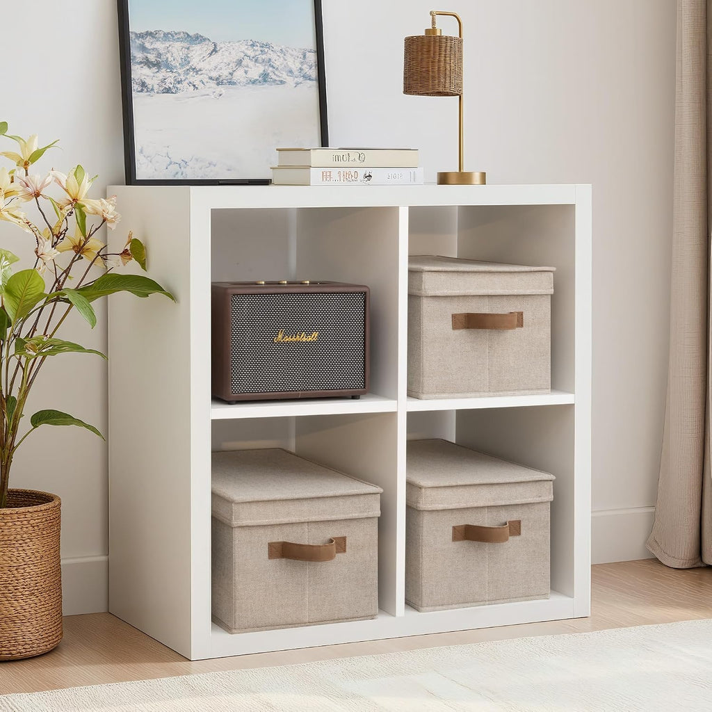Fabric Storage Bins with Lids, Decorative Storage Bins with PU Handles, Foldable Storage Baskets for Closet, Shelves
