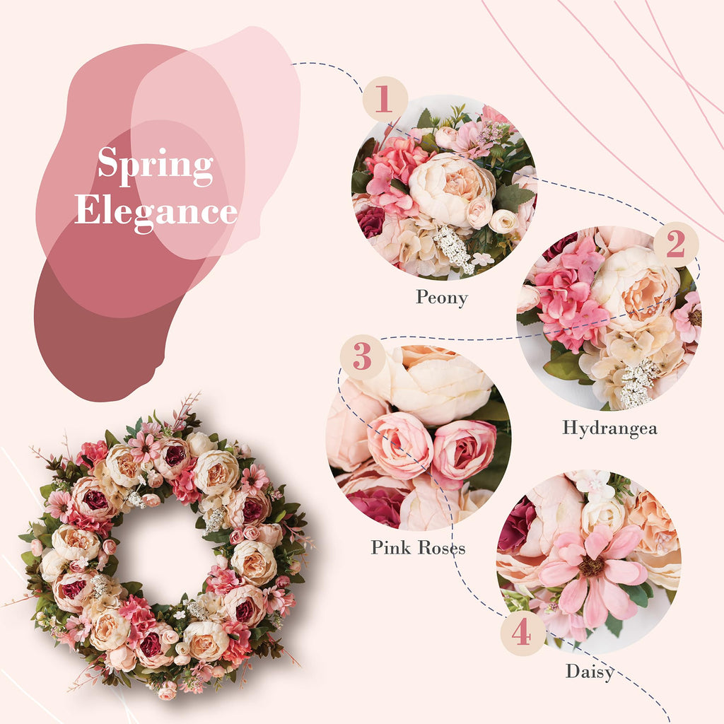 Peony Wreath 23'' Spring Wreaths for Front Door, Artificial Large Floral Wreath for Front Door Wall Decor