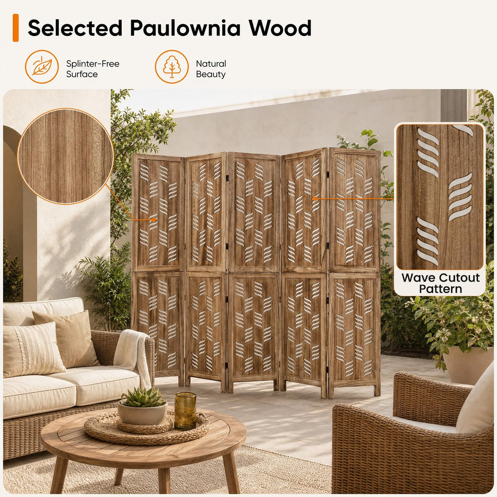 6 Panel Folding Room Divider, Wood Privacy Screen with Wave Cutout
