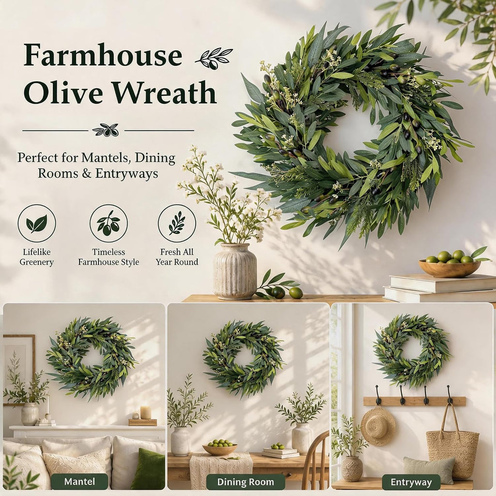 24 Inch Olive Wreath for Front Door, Artificial Greenery Wreath