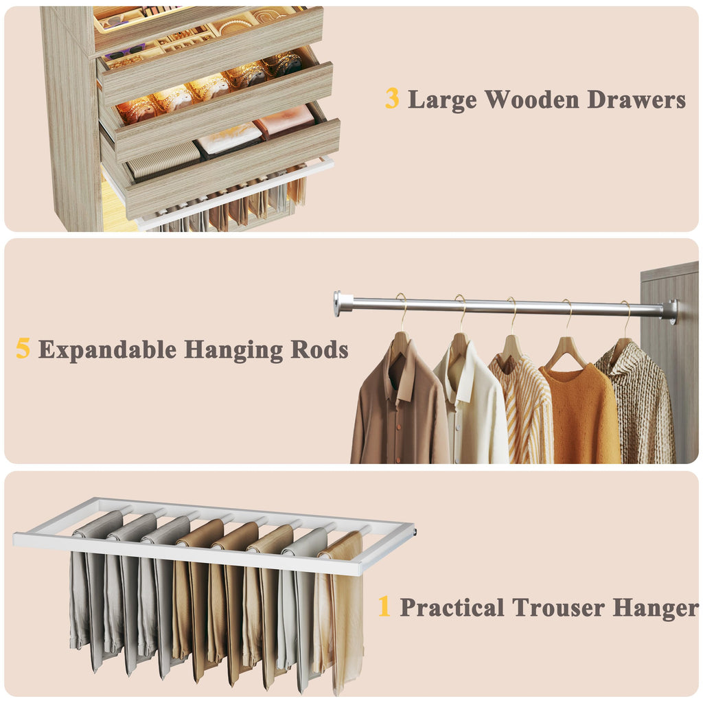 Closet System, 4-8 FT Closet Organizer with 3 Wood Drawers & Glass Top, Oak