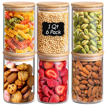 Glass Storage Containers with Lids 1 Qt, Set of 6 Food Storage Jars