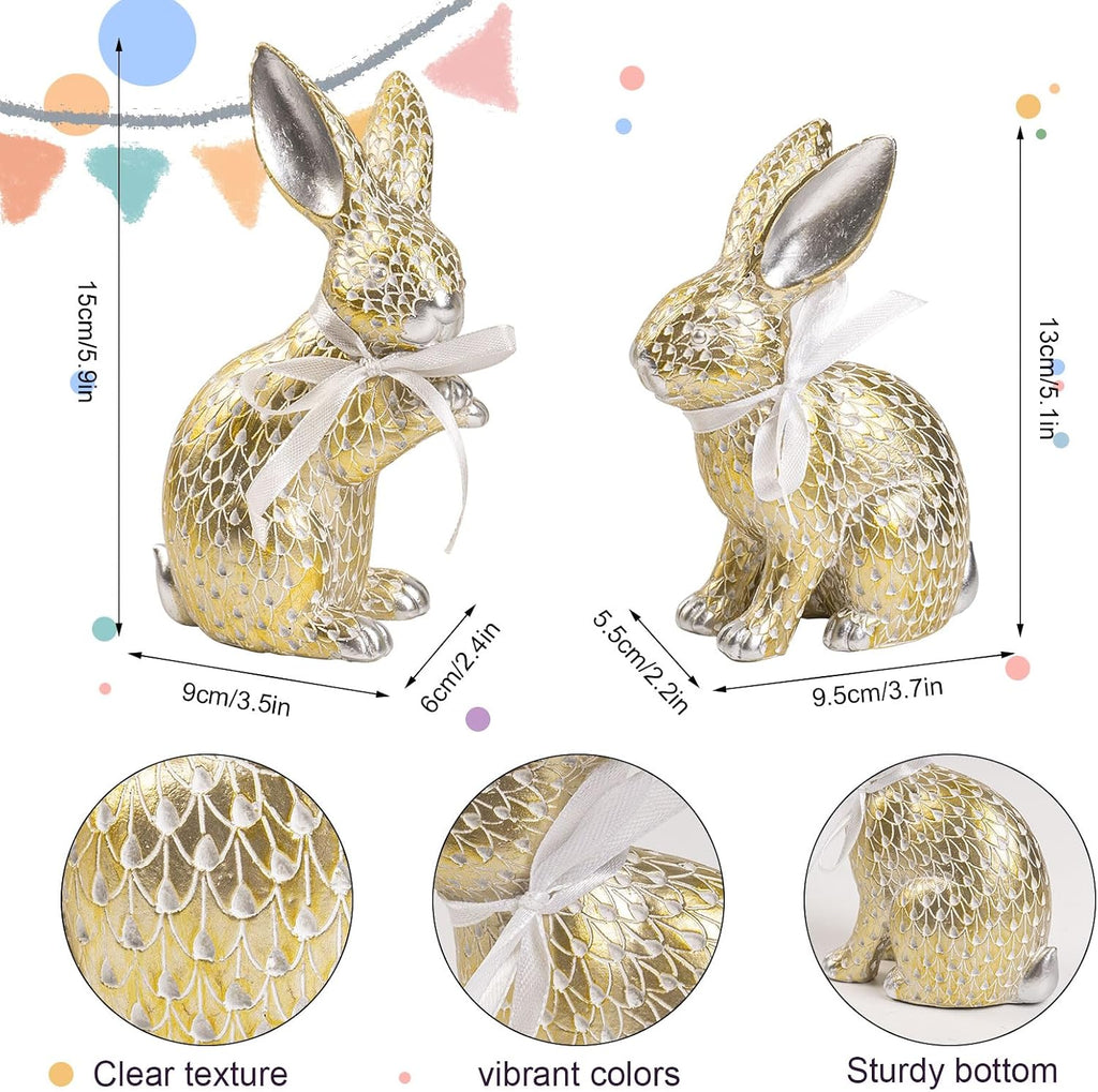 Easter Bunny Figurines, Spring Resin Gold Silver Rabbit Samll Statue Table Decor, Tabletop Centerpieces - Set of 2