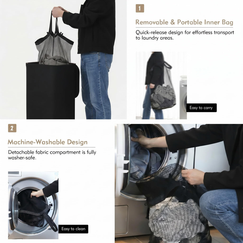 100L Laundry basket Hamper with Lid & Removable Mesh Bag, Black