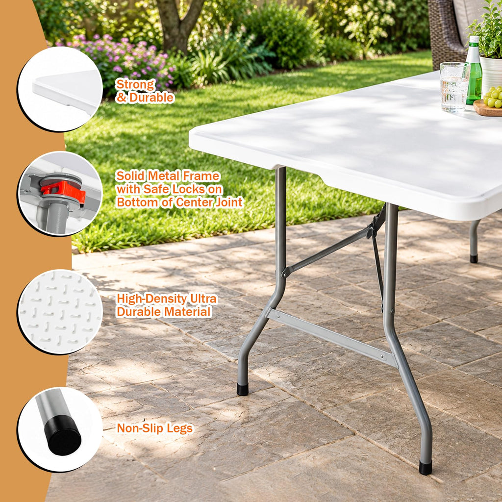6FT Portable Folding Table, White Square Card Table with Carrying Handle & No Assembly, Slim Folding Table Built in