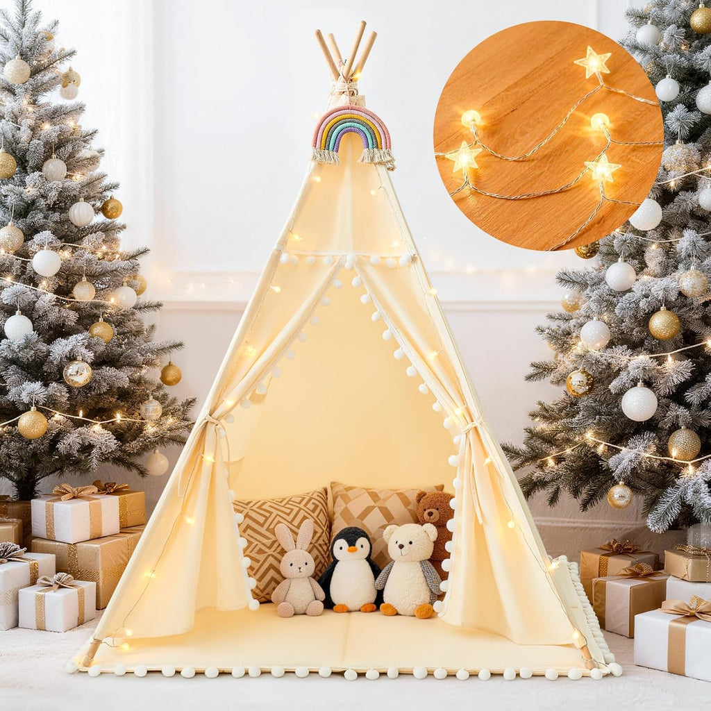 HalloDeer Teepee Tent for Kids with Padded Mat & Star Lights, Cotton Canvas Foldable Kids Teepee Indoor Outdoor