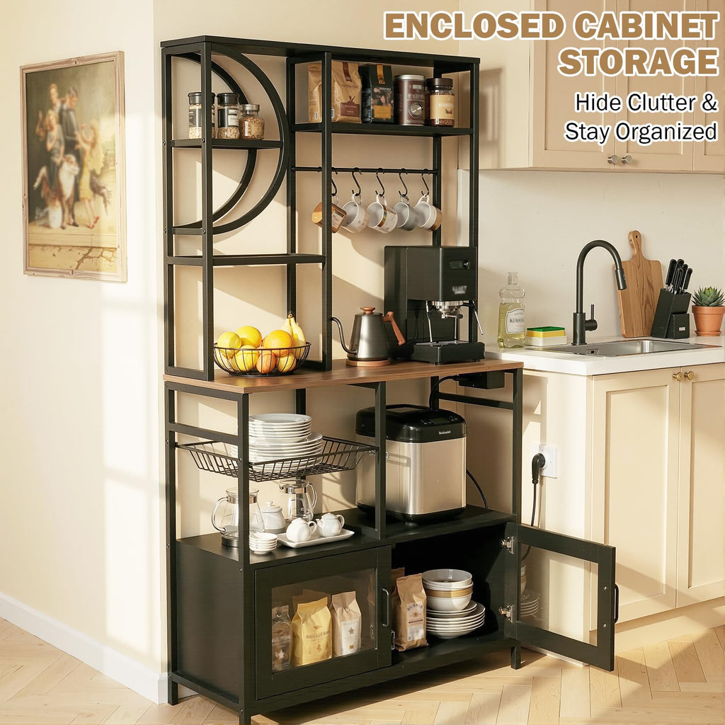 Bakers Rack with Power Outlet and Storage, Kitchen Bakers Rack with Cabinet & 10 Hooks, Coffee Bar Cabinet, Microwave