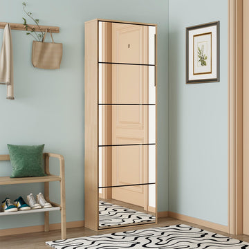 68" Tall Mirror Shoe Cabinet with 5 Flip Drawers, Mirror Silver