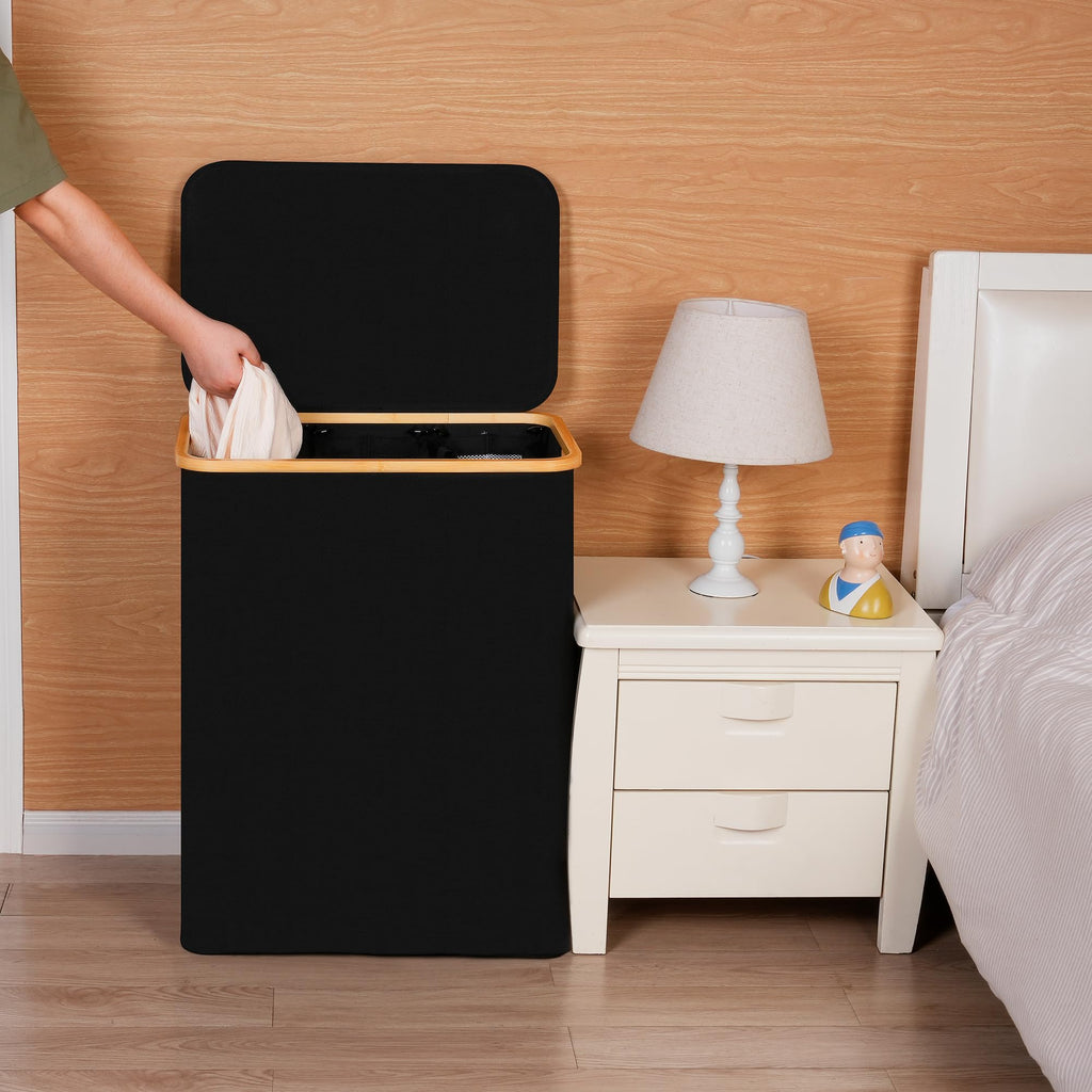 Laundry Hamper 3 Section with lid and 3 Removable Bags, Black