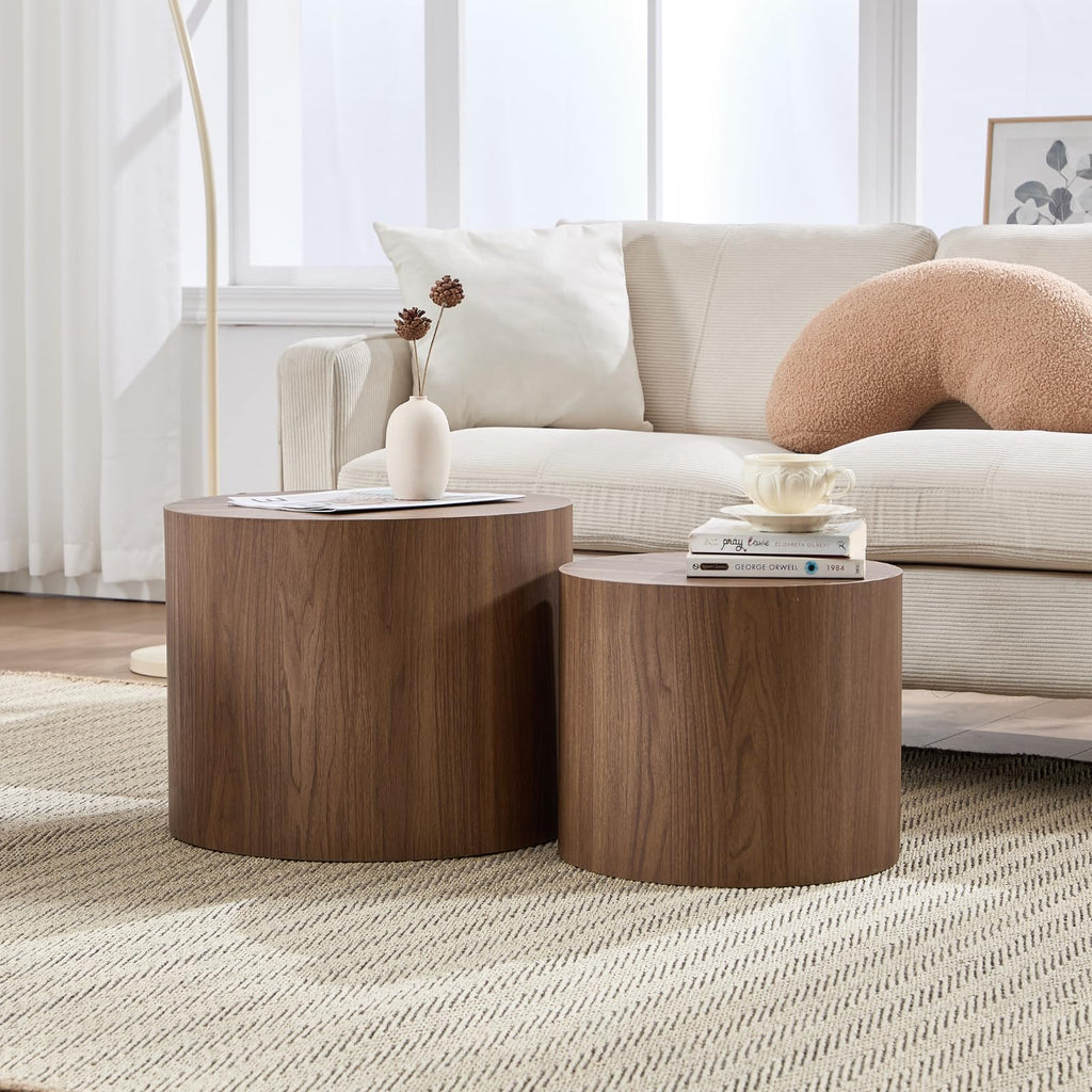 Round Coffee Tables Side Set of 2, Wood Nesting End Balcony Office, Walnut Wooden Color, No Assembling