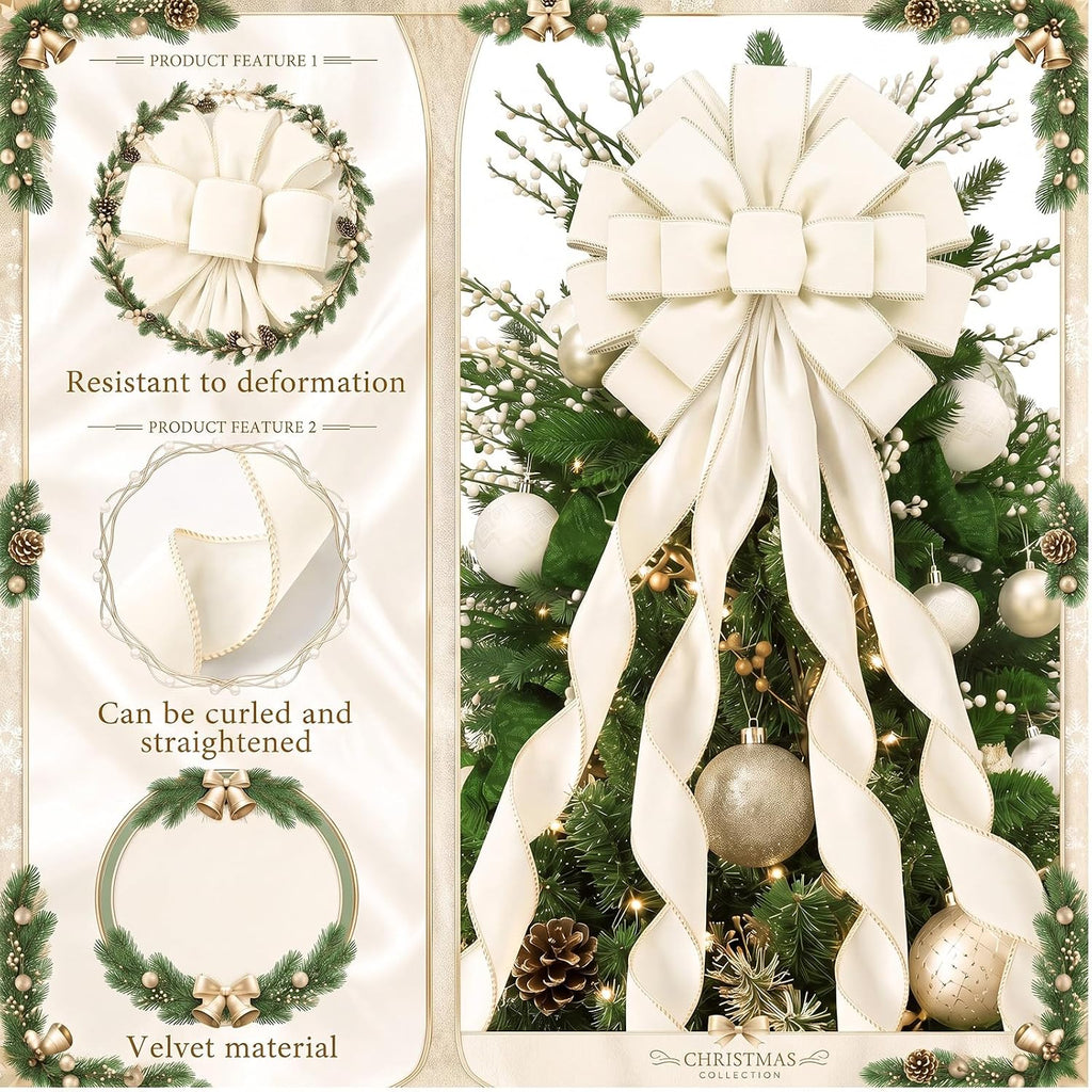 Christmas Tree Topper Bow 52 x 12 Inch Creamy White Large Velvet Bow