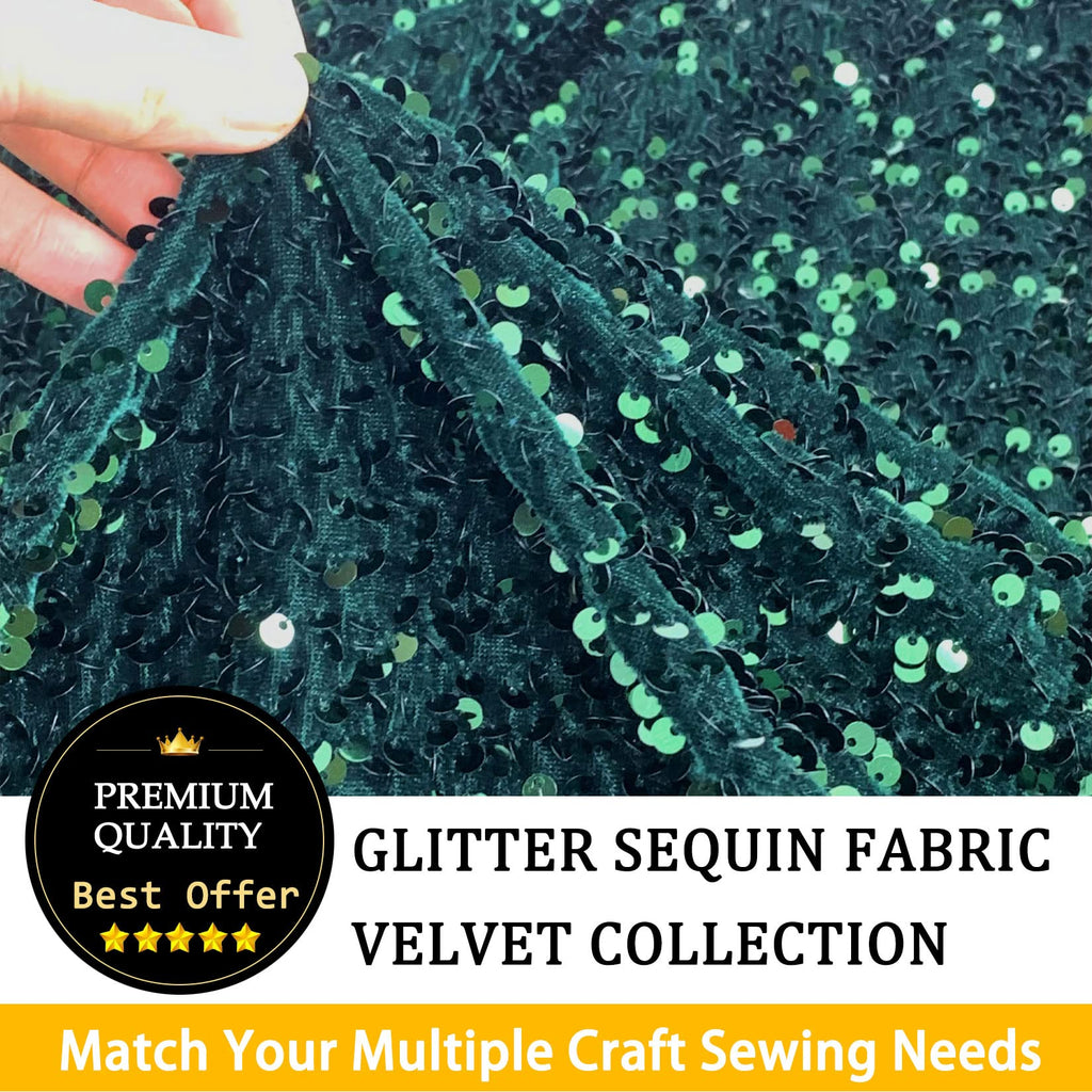 Emerald Green Fabric by the Yard Sequin Velvet Fabric 1 Yard Sequin Stretch Fabric by the Yard Sequence for Sewing