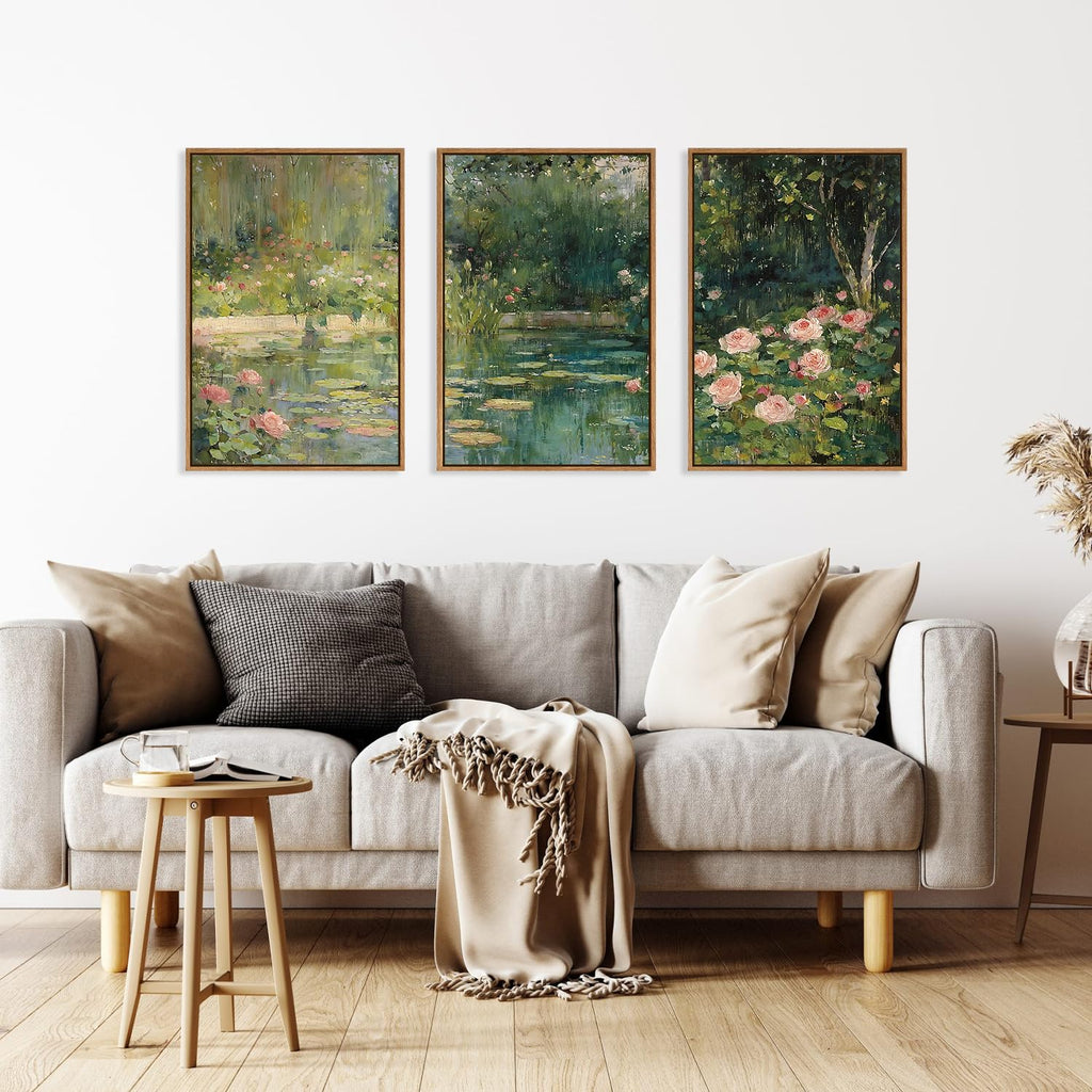 Monet Framed Canvas Wall Art Set, Impressionist Floral Garden Wall Decor, 3 Piece Claude Monet Green Botanical