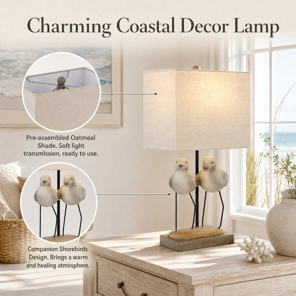21" Coastal Bird Table Lamp, Twin Gray Resin Shorebirds