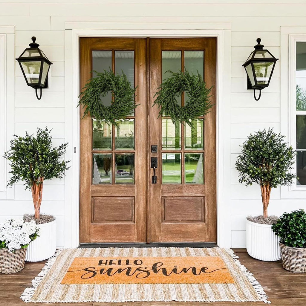 2 Pack Artificial Christmas Wreaths for Front Door, Norfolk Pine & Cedar Greenery with Red Velvet Bows, Real Touch