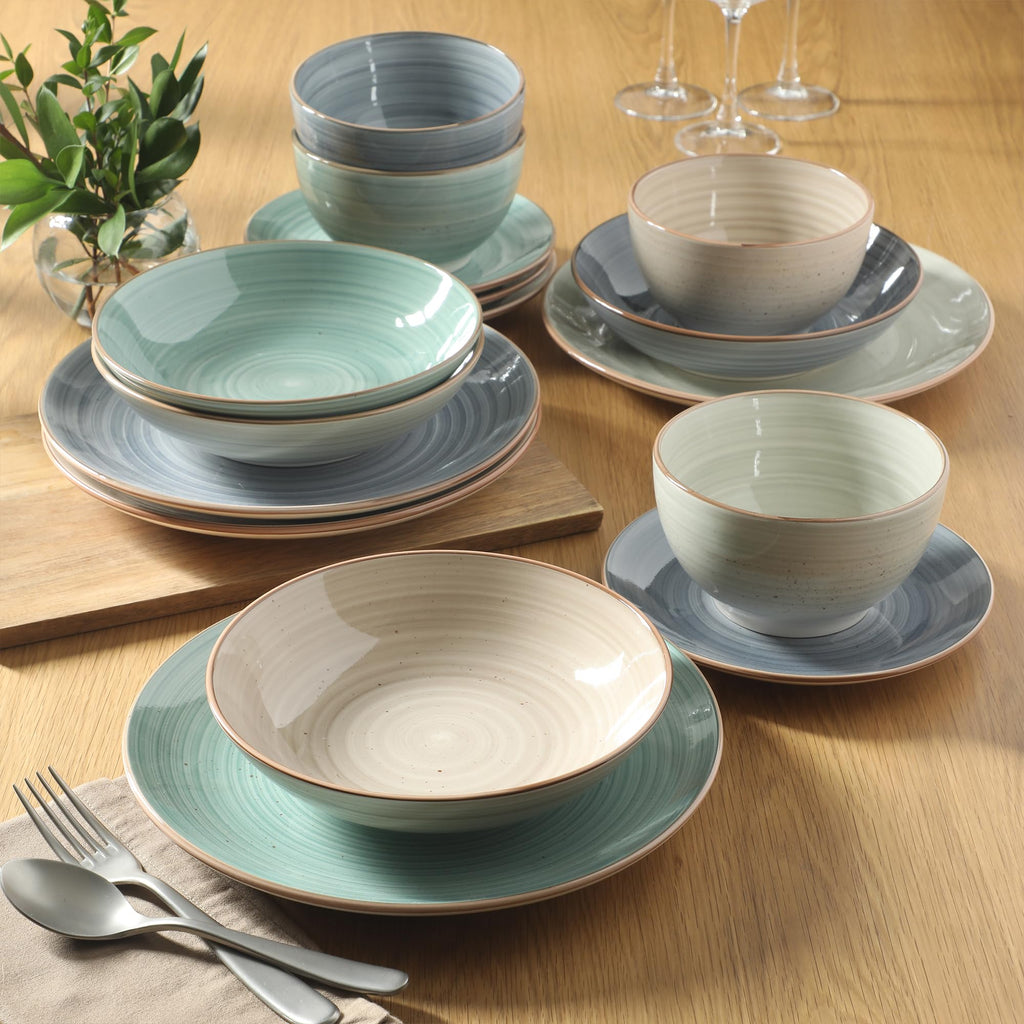 Stonebury 16 Piece Plates and Bowls Assorted Color Dishes - Handpainted Stoneware Dinnerware Set - Service for 4
