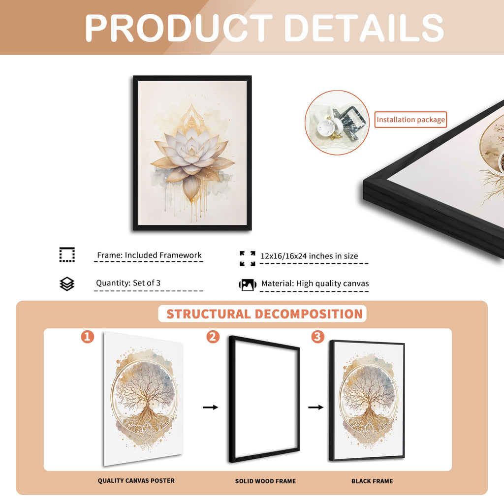 Wood Framed Tree of Life Wall Art Set of 3, Modern Gold Lotus Zen Canvas Wall Decor Paintings, Abstract Yin Yang