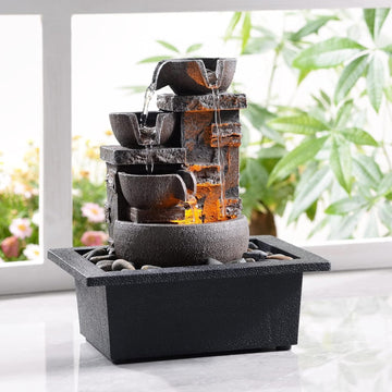 Décor Desktop Fountain - 10" 4-Tier Design with Imitation Stone, Indoor Waterfall Tabletop River Rocks & Resin