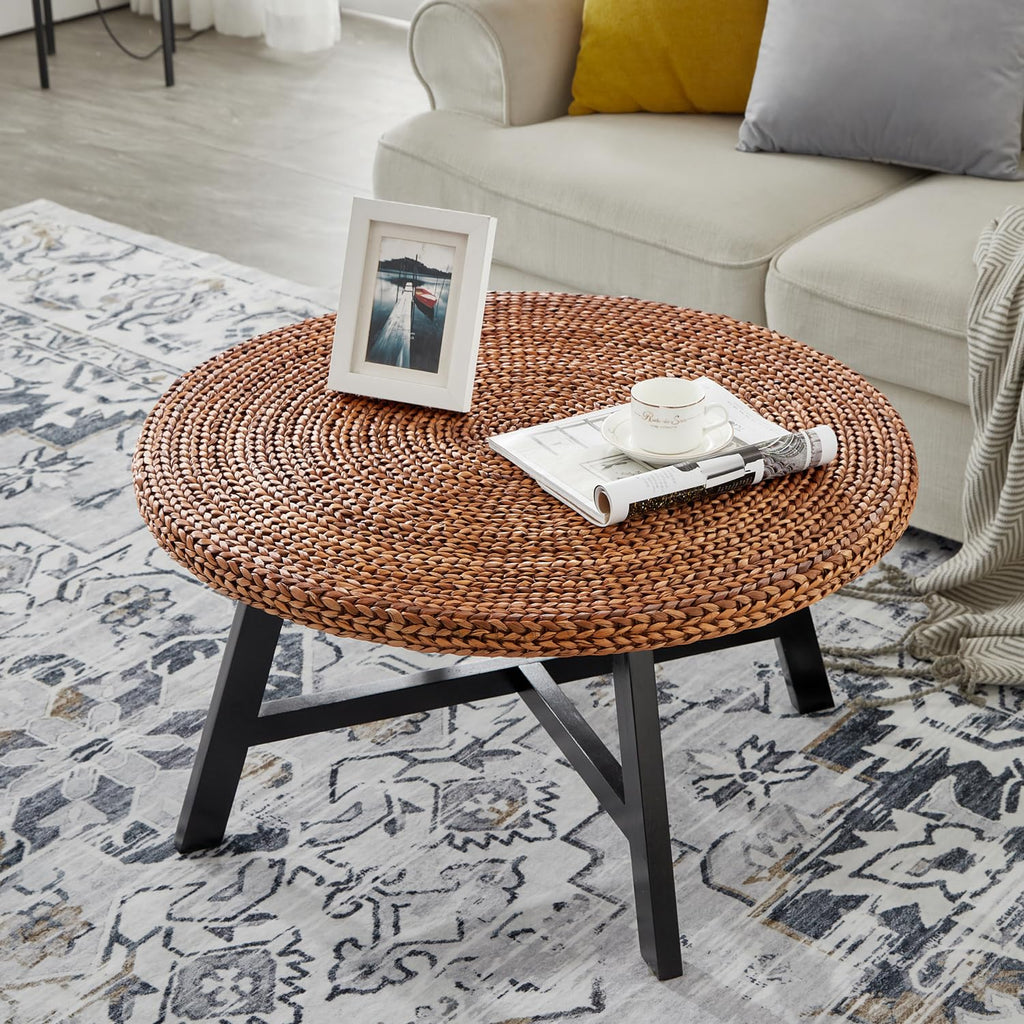 32 Inch Round Coffee Table, Handwoven Seagrass Coffee Table with Solid Pine Wood X Base, Natural Boho Coastal