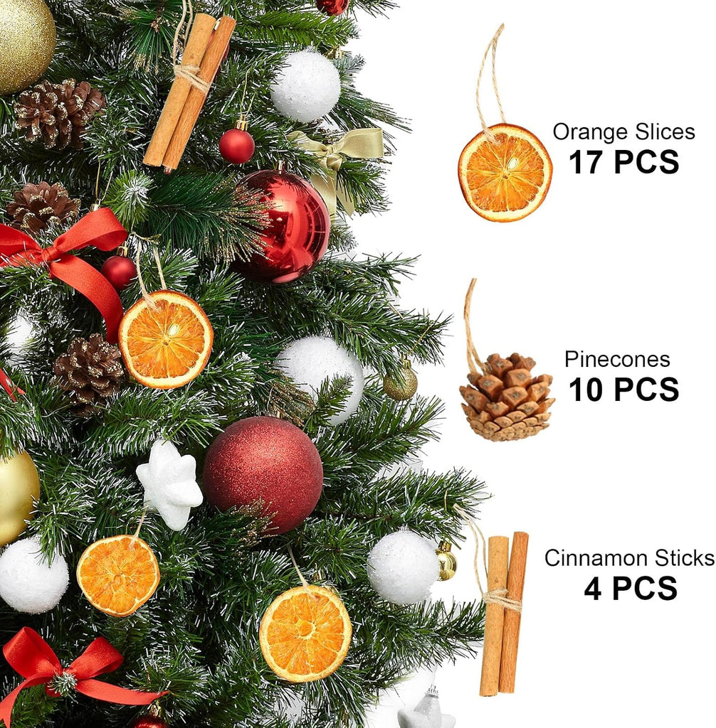 Christmas Ornaments Set, Jute Tied Dried Orange Cinnamon Pinecone - Set of 31