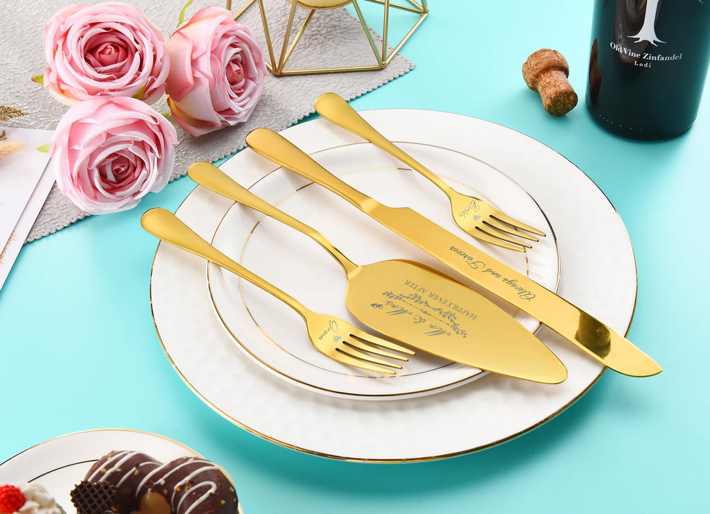 Wedding Cake Knife and Server Set with Forks, Gold 4-Piece