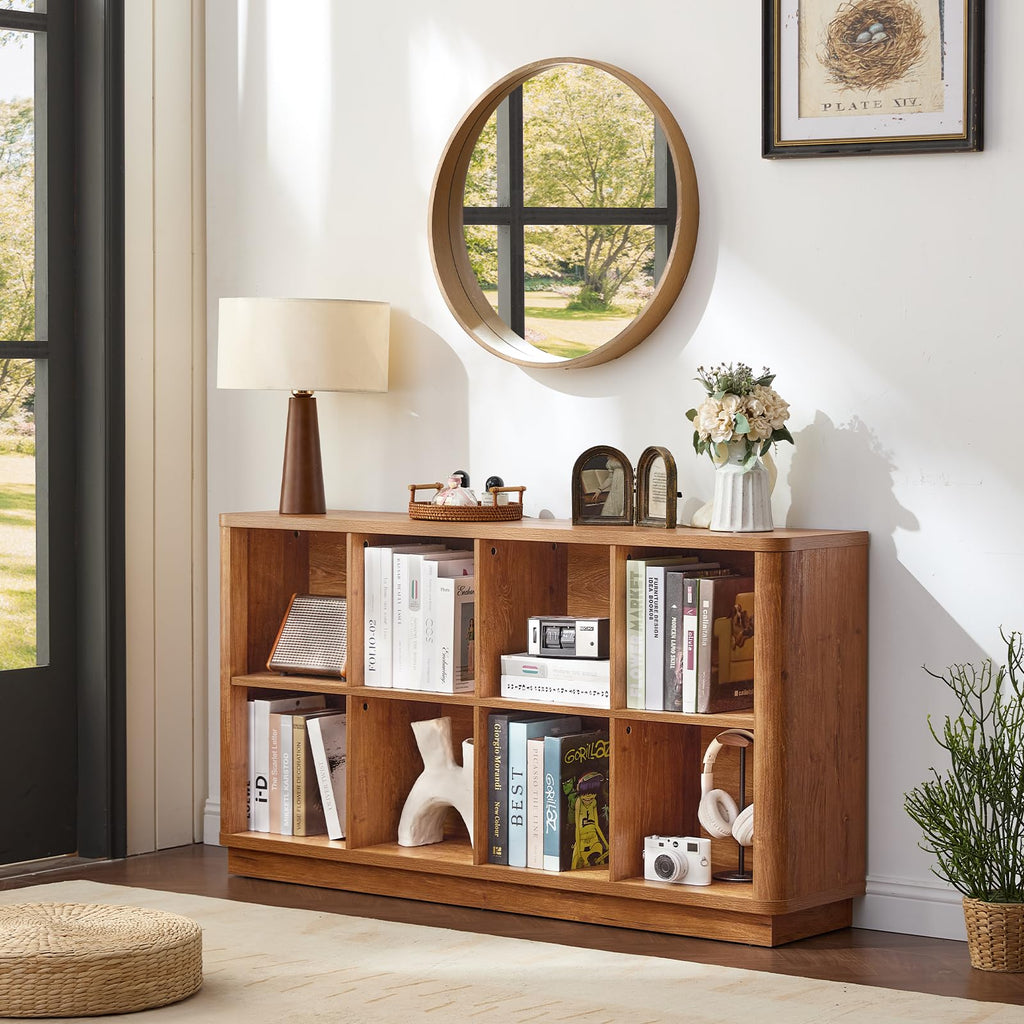 8 Cube Storage Book Shelf, 52" Long Horizontal Bookshelf with Curved Edge, Floor Standing Wooden Cubby Bookcase with