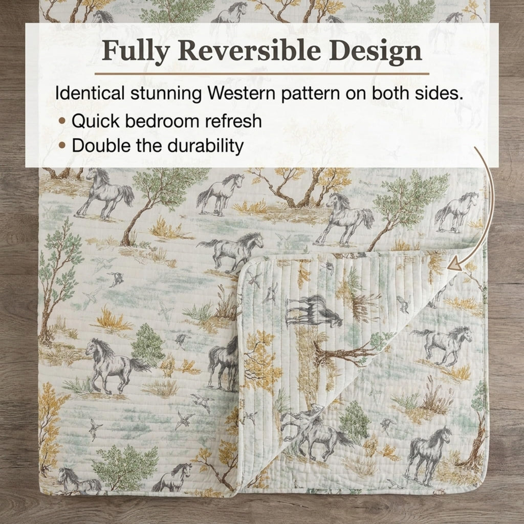 Graystone Meadow Full/Queen Quilt, Horse Toile Western Bedding, Reversible Cotton Bedspread, Green Gray Taupe Tan