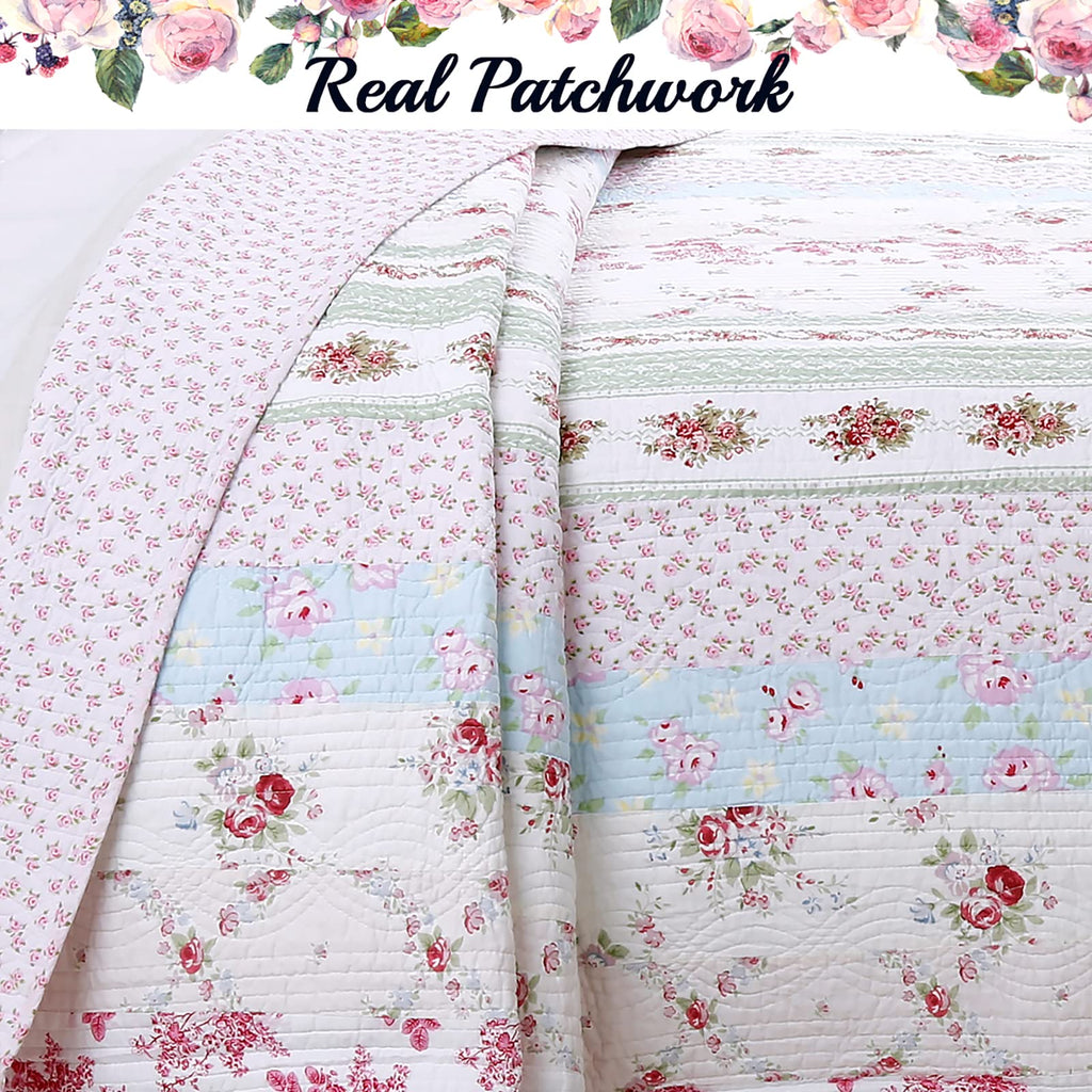 100% Cotton Real Patchwork Pink Floral Cottage Shabby Chic Reversible Quilt Bedding Set, Bedspread, Coverlet (Wild