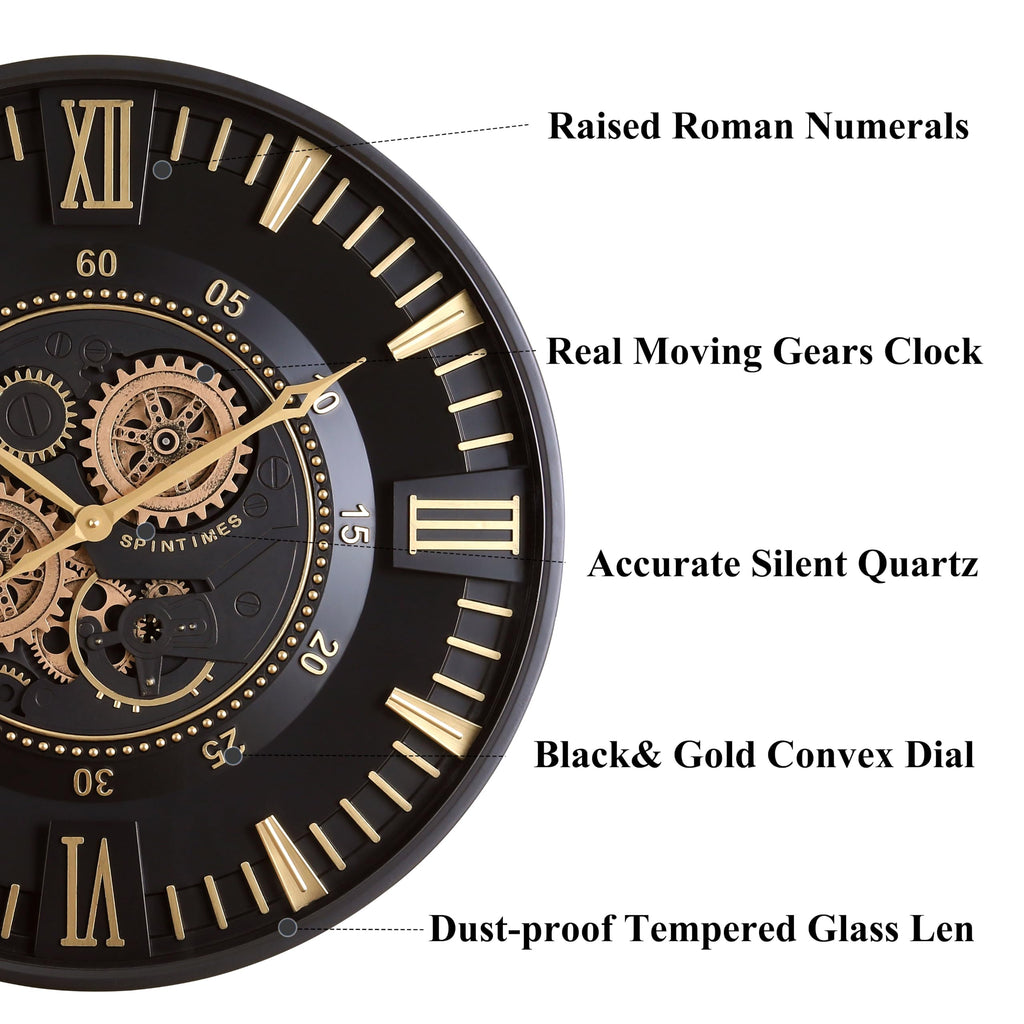 24 Inch Wall Clock with Moving Gears, Modern Black Gold