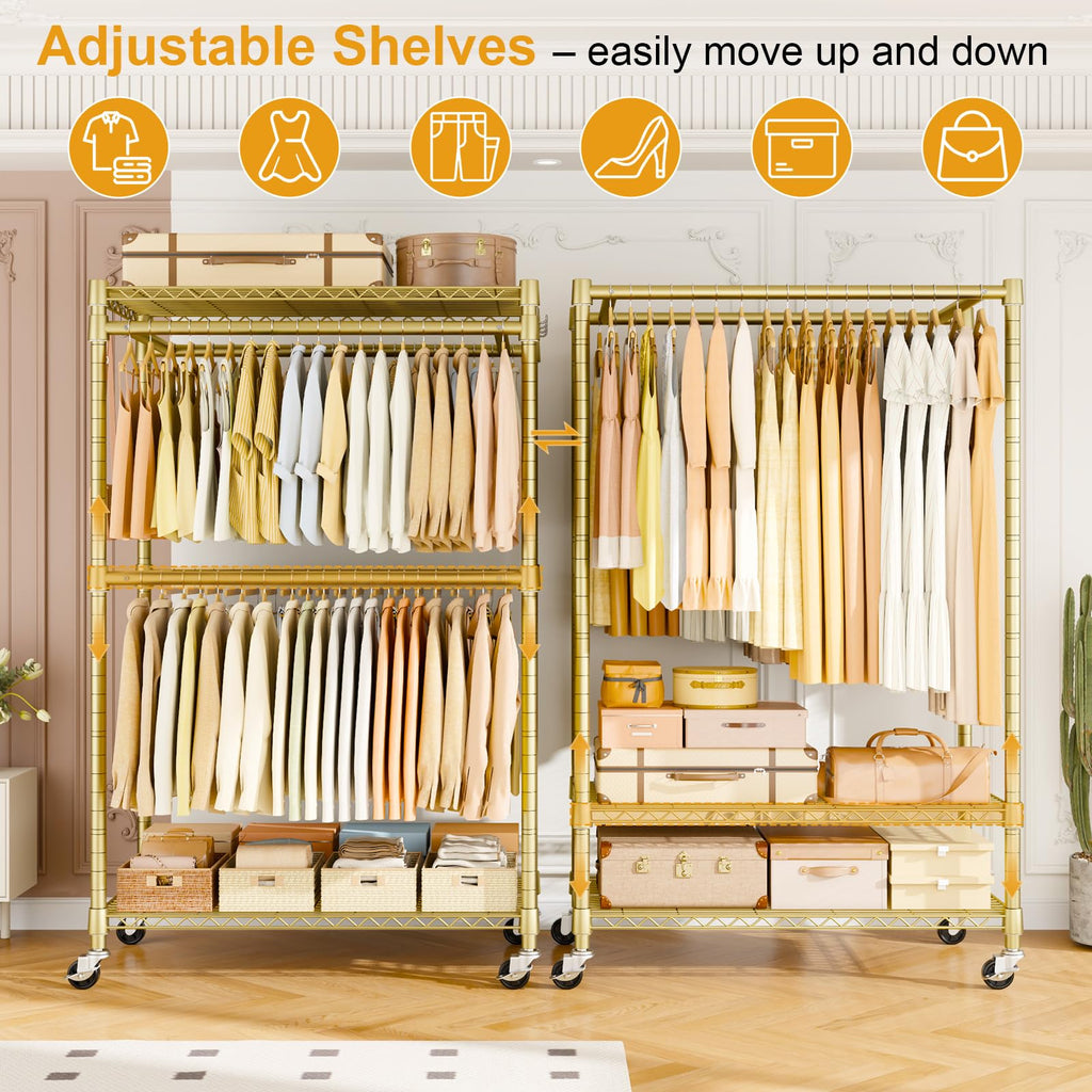 Rolling Clothes Rack, Clothing Racks for Hanging Clothes, Gold