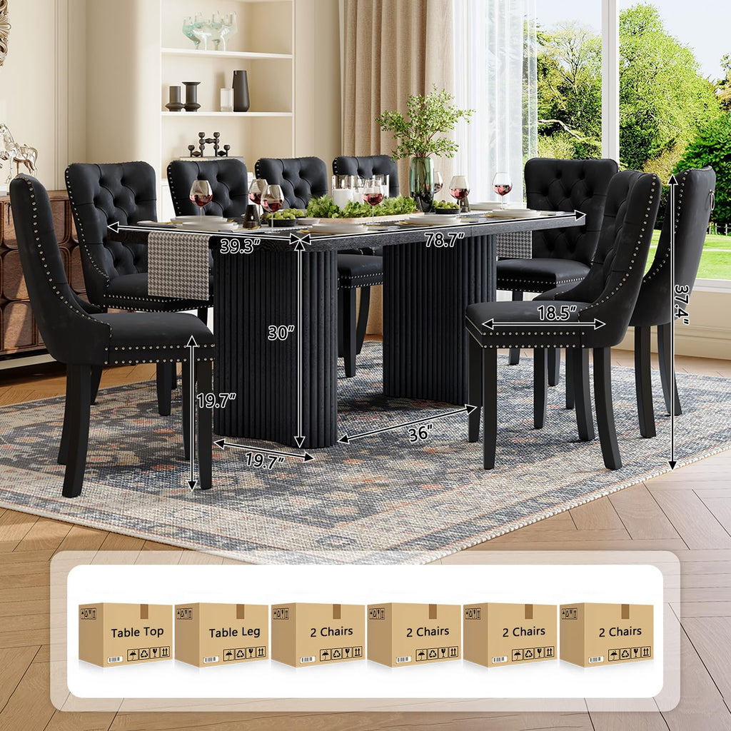 Dining Table Set for 8, 79'' Large Modern Rectangular Dining Room Table with 8 Velvet Chairs, Black Wood Finish