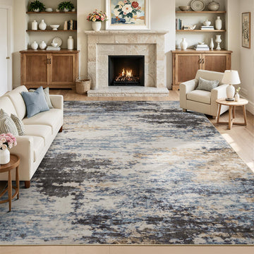 8x10 Area Rug, Abstract Washable Large Rugs, Grey/ Blue
