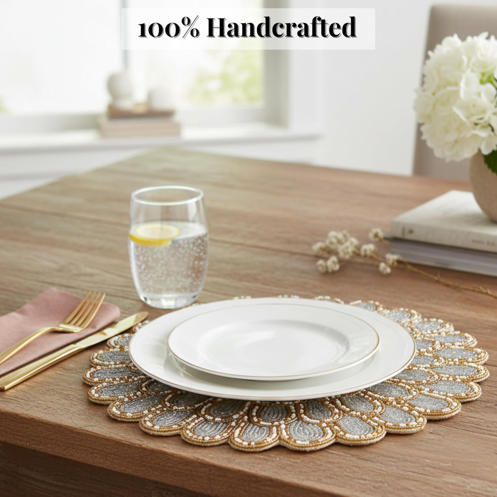 Beaded Placemats 13 Inch Ivory Gold Round Table Chargers