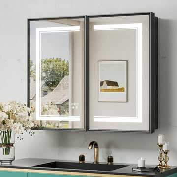36x30 Inch LED Medicine Cabinet Black Frame, Medicine Cabinet with Lights, 3-Color Lighted Medicine Cabinet Mirror
