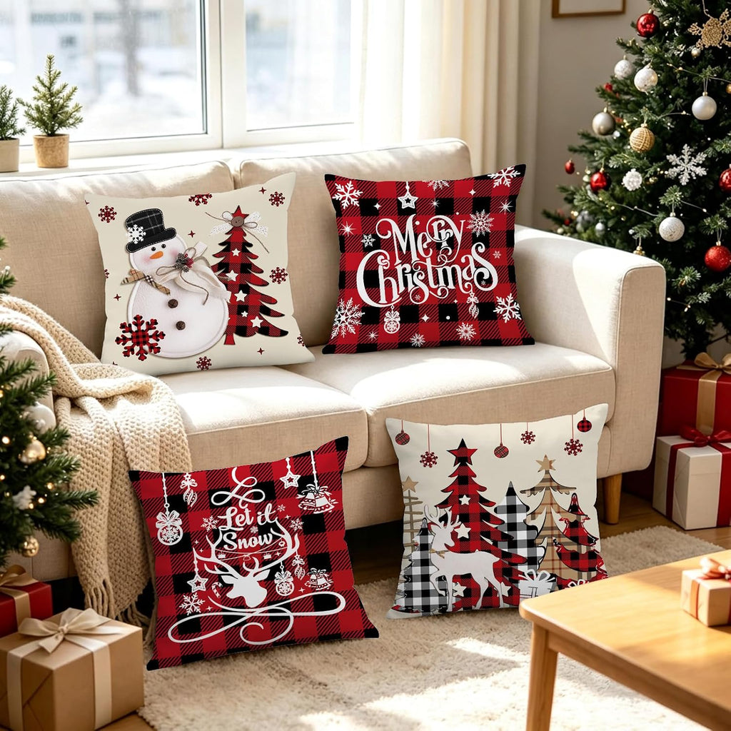 Farmhouse Christmas Throw Pillow Covers 18x18 Inches - Set of 4