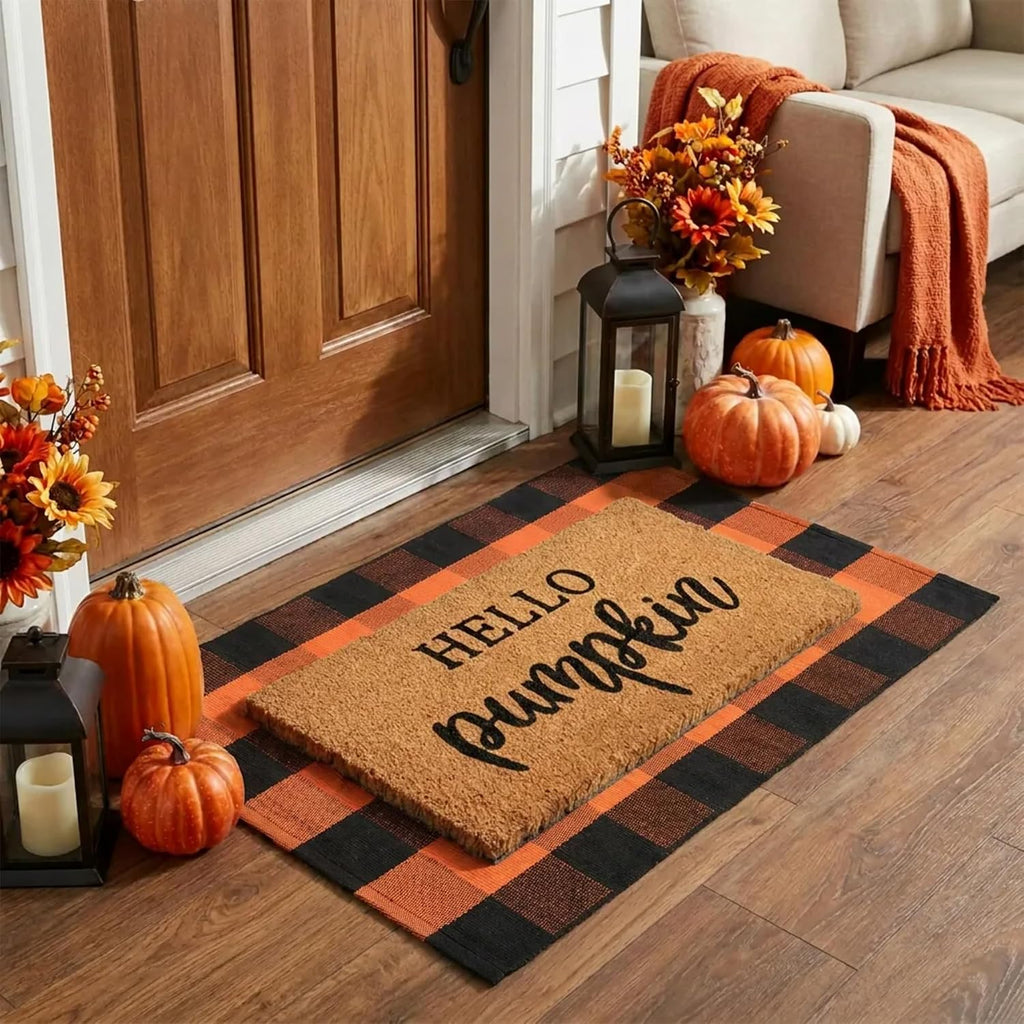Fall Decor Door Mat Combo Set, 100% Coco Coir Welcome Mat + 28 x 43 Inches Orange and Black Plaid Rug- Fall - Set of 2