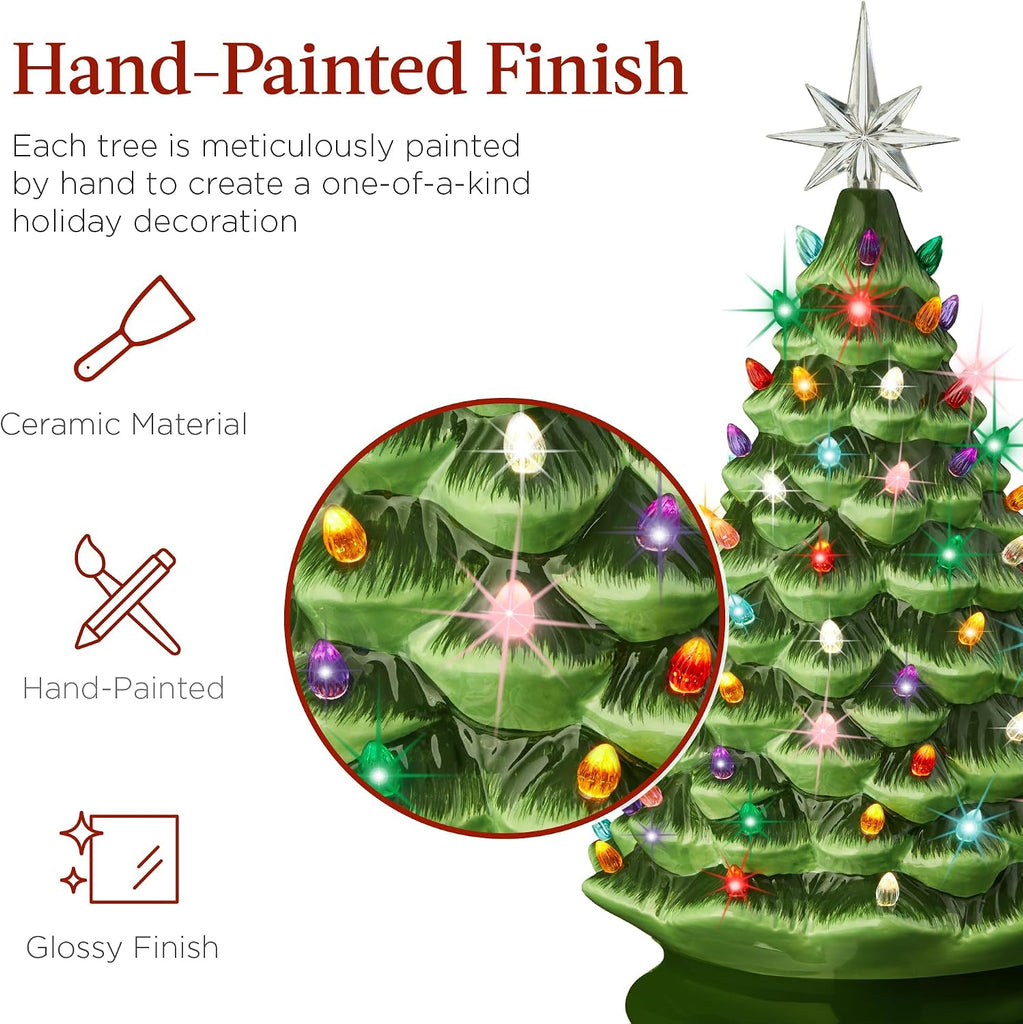 18in Large Ceramic Christmas Tree, Pre-lit Hand-Painted Tabletop Holiday Decoration w/Power Cord, 2 Star, 93