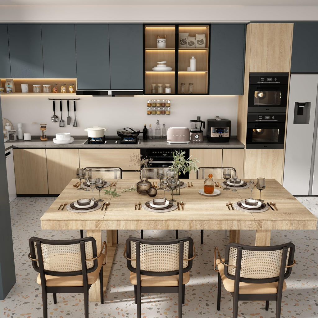 86.6" W Dining Table for 8-10 People, Versatile Modern Wooden Dinner Table Kitchen Table Conference Room, Light Brown